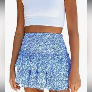 Women blue Mini Skirt Floral Print Ruffle Casual Beach